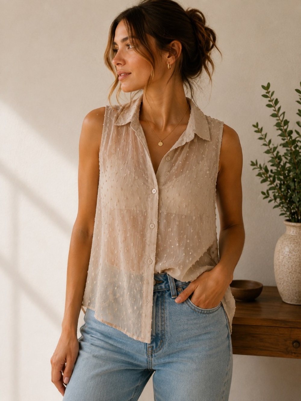 H&M Sleeveless Sheer Dot Button-Down Blouse - Neutral Beige